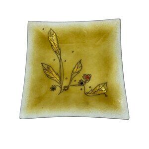 Gerte Hacker Yellow Gold Foil Copper Enamel Tray Dish Vintage 1960s Mid Century